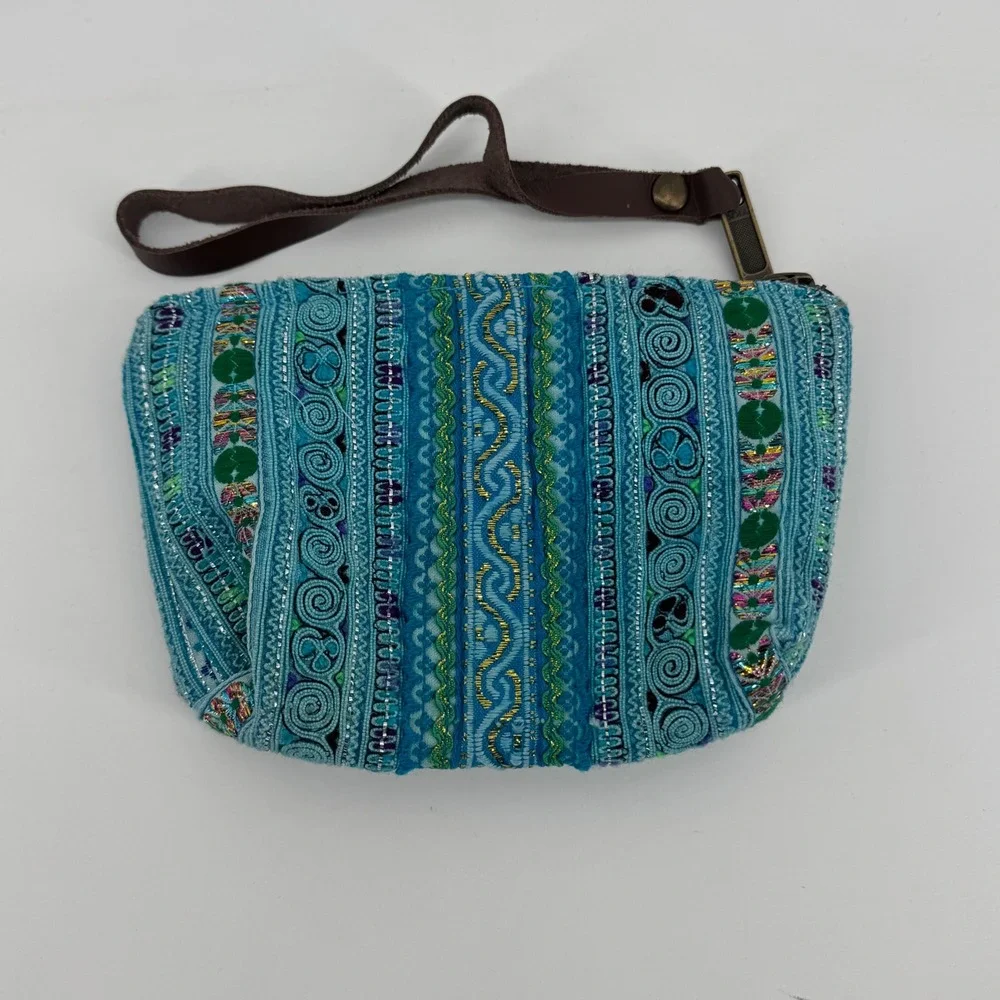 JADEtribe Embroidered Tribal Wristlet Clutch Turquoise Blue Gold Thailand Boho - Picture 3 of 6